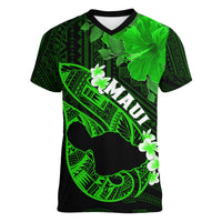 Hawaii Maui Women V Neck T Shirt Polynesian Fish Hook Hibiscus Green Version LT05 Female Green - Polynesian Pride