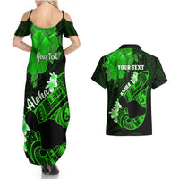 Personalized Hawaii Maui Couples Matching Summer Maxi Dress and Hawaiian Shirt Polynesian Fish Hook Hibiscus Green Version LT05 - Polynesian Pride