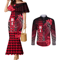 Personalized Hawaii Couples Matching Mermaid Dress and Long Sleeve Button Shirts Hammerhead Shark Kakau Polynesian Tribal Red LT05 Red - Polynesian Pride