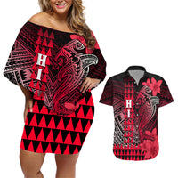 Personalized Hawaii Couples Matching Off Shoulder Short Dress and Hawaiian Shirt Hammerhead Shark Kakau Polynesian Tribal Red LT05 Red - Polynesian Pride
