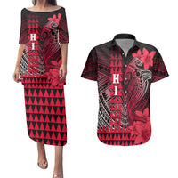 Personalized Hawaii Couples Matching Puletasi Dress and Hawaiian Shirt Hammerhead Shark Kakau Polynesian Tribal Red LT05 Red - Polynesian Pride