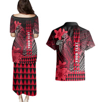Personalized Hawaii Couples Matching Puletasi Dress and Hawaiian Shirt Hammerhead Shark Kakau Polynesian Tribal Red LT05 - Polynesian Pride
