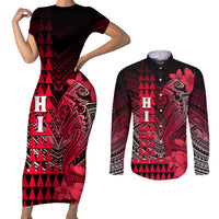 Personalized Hawaii Couples Matching Short Sleeve Bodycon Dress and Long Sleeve Button Shirts Hammerhead Shark Kakau Polynesian Tribal Red LT05 Red - Polynesian Pride