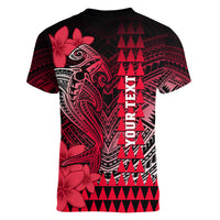 Personalized Hawaii Women V Neck T Shirt Hammerhead Shark Kakau Polynesian Tribal Red LT05 - Polynesian Pride