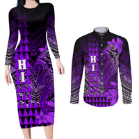 Personalized Hawaii Couples Matching Long Sleeve Bodycon Dress and Long Sleeve Button Shirts Hammerhead Shark Kakau Polynesian Tribal Purple LT05 Purple - Polynesian Pride