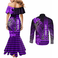 Personalized Hawaii Couples Matching Mermaid Dress and Long Sleeve Button Shirts Hammerhead Shark Kakau Polynesian Tribal Purple LT05 - Polynesian Pride
