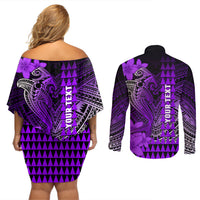 Personalized Hawaii Couples Matching Off Shoulder Short Dress and Long Sleeve Button Shirts Hammerhead Shark Kakau Polynesian Tribal Purple LT05 - Polynesian Pride