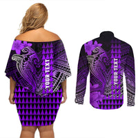 Personalized Hawaii Couples Matching Off Shoulder Short Dress and Long Sleeve Button Shirts Hammerhead Shark Kakau Polynesian Tribal Purple LT05 - Polynesian Pride