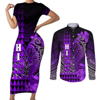 Personalized Hawaii Couples Matching Short Sleeve Bodycon Dress and Long Sleeve Button Shirts Hammerhead Shark Kakau Polynesian Tribal Purple LT05 Purple - Polynesian Pride