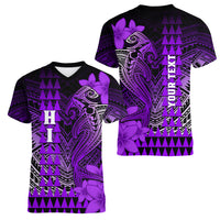 Personalized Hawaii Women V Neck T Shirt Hammerhead Shark Kakau Polynesian Tribal Purple LT05 - Polynesian Pride