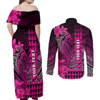 Personalized Hawaii Couples Matching Off Shoulder Maxi Dress and Long Sleeve Button Shirts Hammerhead Shark Kakau Polynesian Tribal Pink LT05 - Polynesian Pride