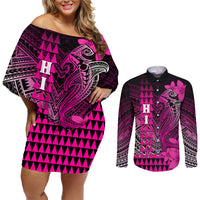 Personalized Hawaii Couples Matching Off Shoulder Short Dress and Long Sleeve Button Shirts Hammerhead Shark Kakau Polynesian Tribal Pink LT05 Pink - Polynesian Pride