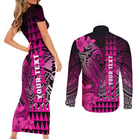 Personalized Hawaii Couples Matching Short Sleeve Bodycon Dress and Long Sleeve Button Shirts Hammerhead Shark Kakau Polynesian Tribal Pink LT05 - Polynesian Pride