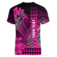 Personalized Hawaii Women V Neck T Shirt Hammerhead Shark Kakau Polynesian Tribal Pink LT05 - Polynesian Pride