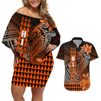 Personalized Hawaii Couples Matching Off Shoulder Short Dress and Hawaiian Shirt Hammerhead Shark Kakau Polynesian Tribal Orange LT05 Orange - Polynesian Pride