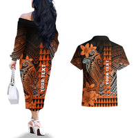 Personalized Hawaii Couples Matching Off The Shoulder Long Sleeve Dress and Hawaiian Shirt Hammerhead Shark Kakau Polynesian Tribal Orange LT05 - Polynesian Pride