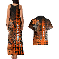 Personalized Hawaii Couples Matching Tank Maxi Dress and Hawaiian Shirt Hammerhead Shark Kakau Polynesian Tribal Orange LT05 - Polynesian Pride