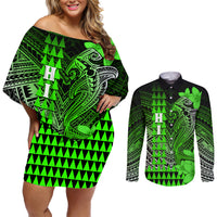Personalized Hawaii Couples Matching Off Shoulder Short Dress and Long Sleeve Button Shirts Hammerhead Shark Kakau Polynesian Tribal Green LT05 Green - Polynesian Pride