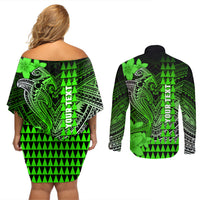 Personalized Hawaii Couples Matching Off Shoulder Short Dress and Long Sleeve Button Shirts Hammerhead Shark Kakau Polynesian Tribal Green LT05 - Polynesian Pride