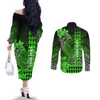 Personalized Hawaii Couples Matching Off The Shoulder Long Sleeve Dress and Long Sleeve Button Shirts Hammerhead Shark Kakau Polynesian Tribal Green LT05 - Polynesian Pride