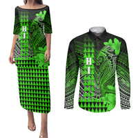 Personalized Hawaii Couples Matching Puletasi Dress and Long Sleeve Button Shirts Hammerhead Shark Kakau Polynesian Tribal Green LT05 Green - Polynesian Pride