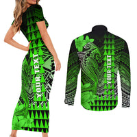 Personalized Hawaii Couples Matching Short Sleeve Bodycon Dress and Long Sleeve Button Shirts Hammerhead Shark Kakau Polynesian Tribal Green LT05 - Polynesian Pride