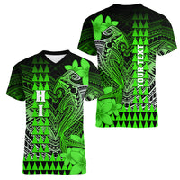 Personalized Hawaii Women V Neck T Shirt Hammerhead Shark Kakau Polynesian Tribal Green LT05 - Polynesian Pride