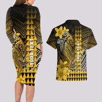 Personalized Hawaii Couples Matching Long Sleeve Bodycon Dress and Hawaiian Shirt Hammerhead Shark Kakau Polynesian Tribal Gold LT05 - Polynesian Pride