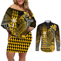 Personalized Hawaii Couples Matching Off Shoulder Short Dress and Long Sleeve Button Shirts Hammerhead Shark Kakau Polynesian Tribal Gold LT05 Gold - Polynesian Pride