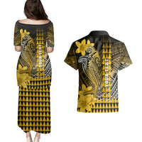 Personalized Hawaii Couples Matching Puletasi Dress and Hawaiian Shirt Hammerhead Shark Kakau Polynesian Tribal Gold LT05 - Polynesian Pride