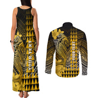 Personalized Hawaii Couples Matching Tank Maxi Dress and Long Sleeve Button Shirts Hammerhead Shark Kakau Polynesian Tribal Gold LT05 - Polynesian Pride