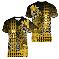 Personalized Hawaii Women V Neck T Shirt Hammerhead Shark Kakau Polynesian Tribal Gold LT05 - Polynesian Pride