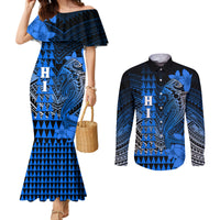 Personalized Hawaii Couples Matching Mermaid Dress and Long Sleeve Button Shirts Hammerhead Shark Kakau Polynesian Tribal Blue LT05 Blue - Polynesian Pride