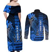 Personalized Hawaii Couples Matching Off Shoulder Maxi Dress and Long Sleeve Button Shirts Hammerhead Shark Kakau Polynesian Tribal Blue LT05 - Polynesian Pride