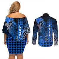 Personalized Hawaii Couples Matching Off Shoulder Short Dress and Long Sleeve Button Shirts Hammerhead Shark Kakau Polynesian Tribal Blue LT05 - Polynesian Pride