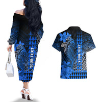 Personalized Hawaii Couples Matching Off The Shoulder Long Sleeve Dress and Hawaiian Shirt Hammerhead Shark Kakau Polynesian Tribal Blue LT05 - Polynesian Pride