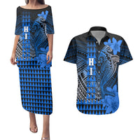 Personalized Hawaii Couples Matching Puletasi Dress and Hawaiian Shirt Hammerhead Shark Kakau Polynesian Tribal Blue LT05 Blue - Polynesian Pride