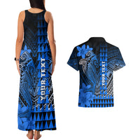 Personalized Hawaii Couples Matching Tank Maxi Dress and Hawaiian Shirt Hammerhead Shark Kakau Polynesian Tribal Blue LT05 - Polynesian Pride