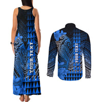 Personalized Hawaii Couples Matching Tank Maxi Dress and Long Sleeve Button Shirts Hammerhead Shark Kakau Polynesian Tribal Blue LT05 - Polynesian Pride