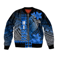 Personalized Hawaii Sleeve Zip Bomber Jacket Hammerhead Shark Kakau Polynesian Tribal Blue LT05 Unisex Blue - Polynesian Pride