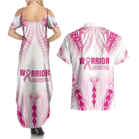 Breast Cancer Pink Out Couples Matching Summer Maxi Dress and Hawaiian Shirt Polynesian Art Tattoo White Version