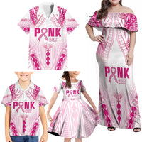Breast Cancer Pink Out Family Matching Off Shoulder Maxi Dress and Hawaiian Shirt Polynesian Art Tattoo White Version LT05 - Polynesian Pride