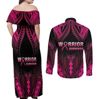 Breast Cancer Pink Out Couples Matching Off Shoulder Maxi Dress and Long Sleeve Button Shirt Polynesian Art Tattoo Black Version