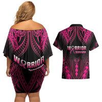 Breast Cancer Pink Out Couples Matching Off Shoulder Short Dress and Hawaiian Shirt Polynesian Art Tattoo Black Version
