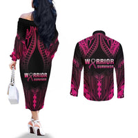 Breast Cancer Pink Out Couples Matching Off The Shoulder Long Sleeve Dress and Long Sleeve Button Shirt Polynesian Art Tattoo Black Version