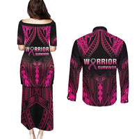 Breast Cancer Pink Out Couples Matching Puletasi and Long Sleeve Button Shirt Polynesian Art Tattoo Black Version