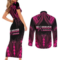 Breast Cancer Pink Out Couples Matching Short Sleeve Bodycon Dress and Long Sleeve Button Shirt Polynesian Art Tattoo Black Version