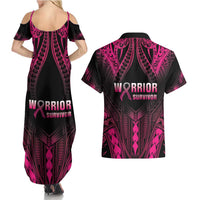Breast Cancer Pink Out Couples Matching Summer Maxi Dress and Hawaiian Shirt Polynesian Art Tattoo Black Version