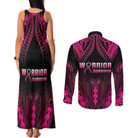 Breast Cancer Pink Out Couples Matching Tank Maxi Dress and Long Sleeve Button Shirt Polynesian Art Tattoo Black Version