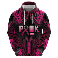 Breast Cancer Pink Out Zip Hoodie Polynesian Art Tattoo Black Version